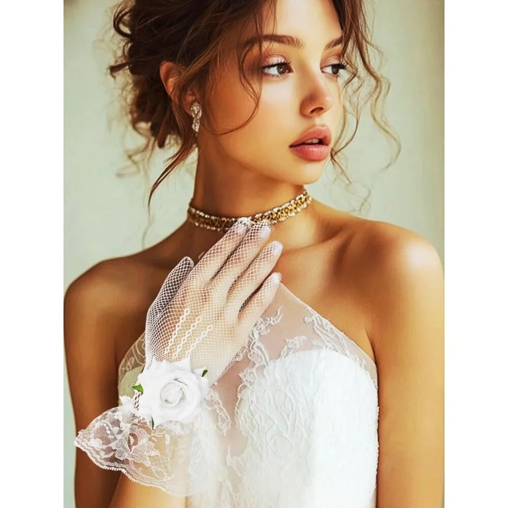 Women's White Mesh Flower Rose Lace Gloves Design Wedding Party Tea Prom